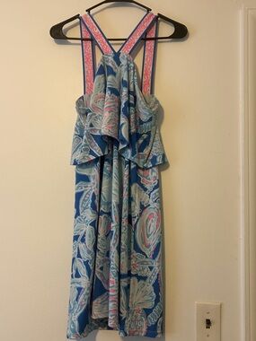 Lilly Pulitzer Blue, Light Blue & Pink Printed Ruffle Sundress, Size Small